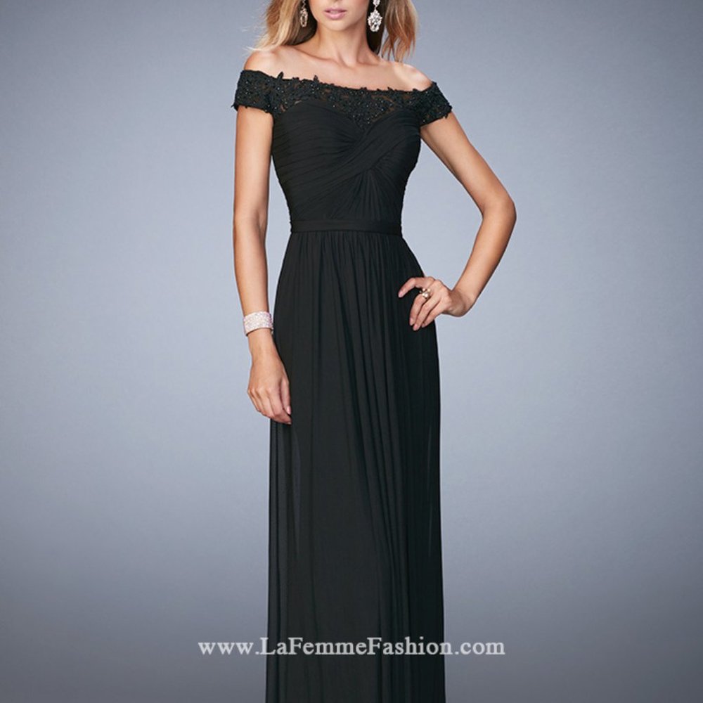 La Femme Off Shoulder Black Gown W/Lace Sleeves